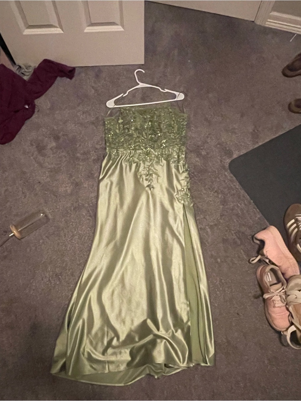 Strapless Green Satin Evening Dress with Embroidered Bodice